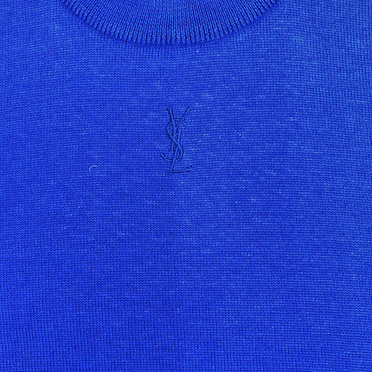 YVES SAINT LAURENT イヴサンローラン 90s ウール100% オールド ロゴ刺繍 長袖 モックネック ニット M ブルー セーター レディース