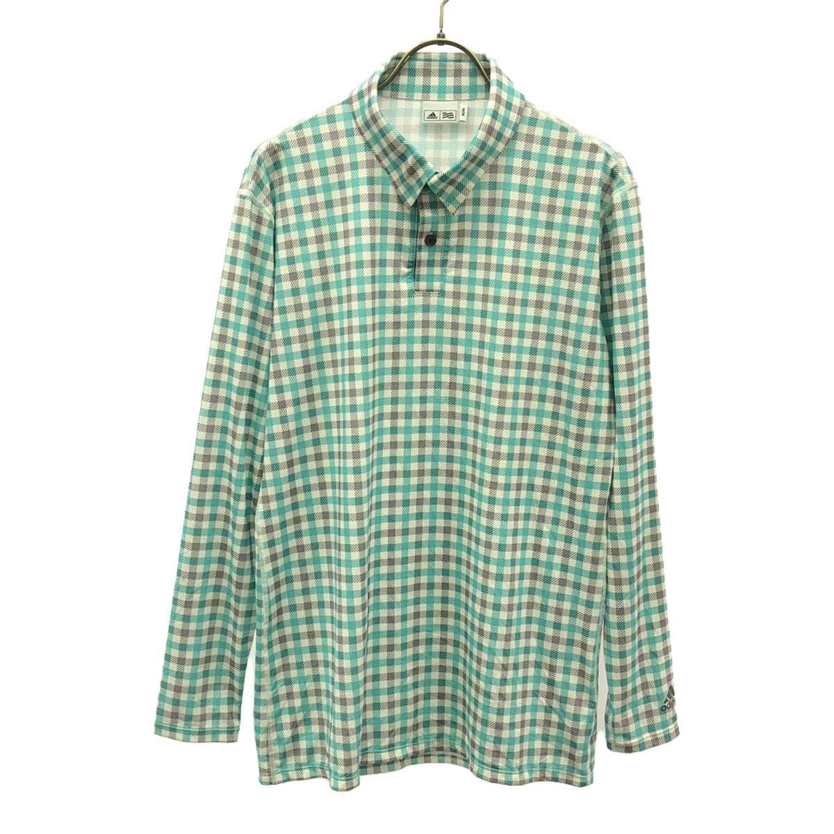 adidas アディダス ギンガムチェック ロゴプリント ゴルフ 長袖 ポロシャツ M グリーン系 ストレッチ入り メンズ