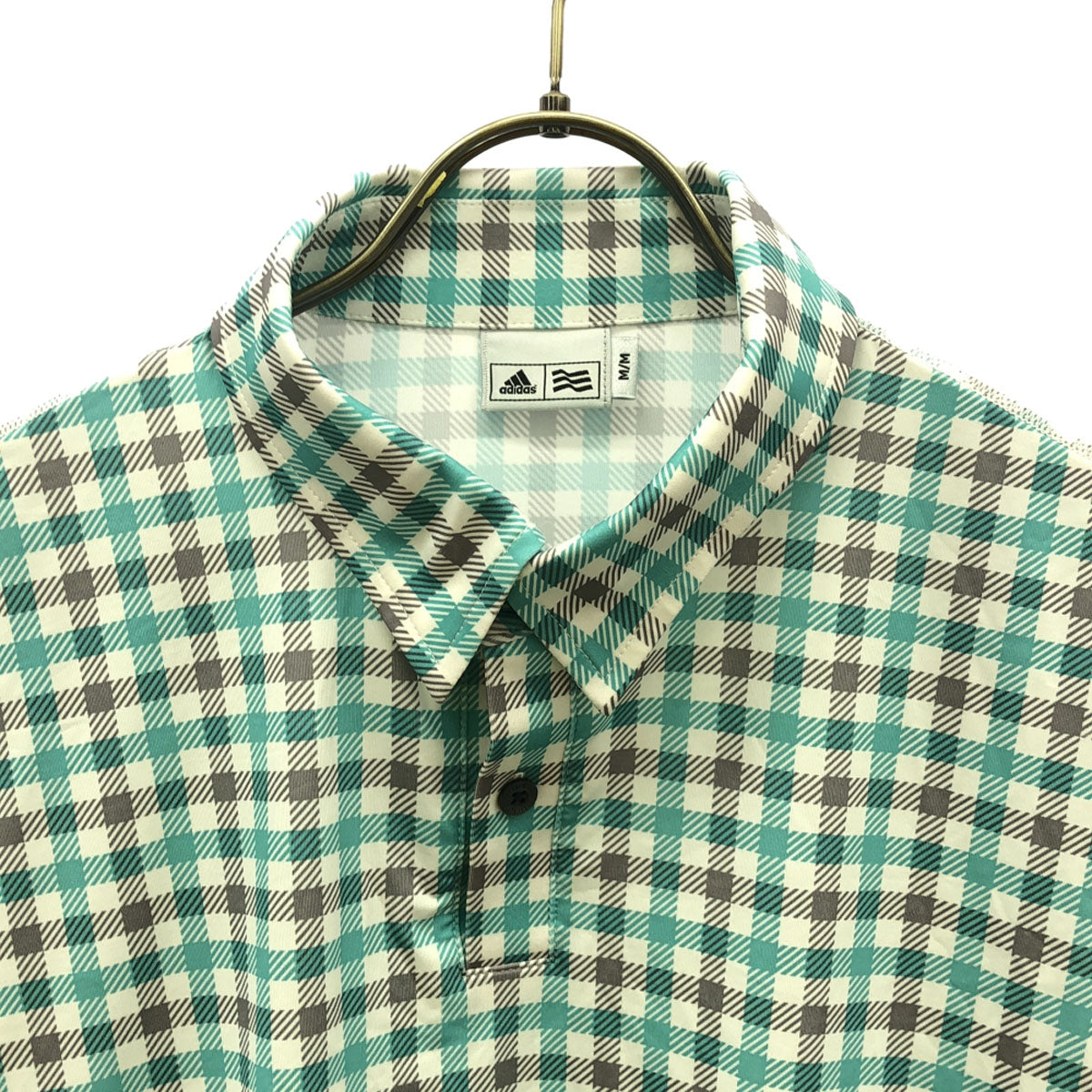 adidas アディダス ギンガムチェック ロゴプリント ゴルフ 長袖 ポロシャツ M グリーン系 ストレッチ入り メンズ
