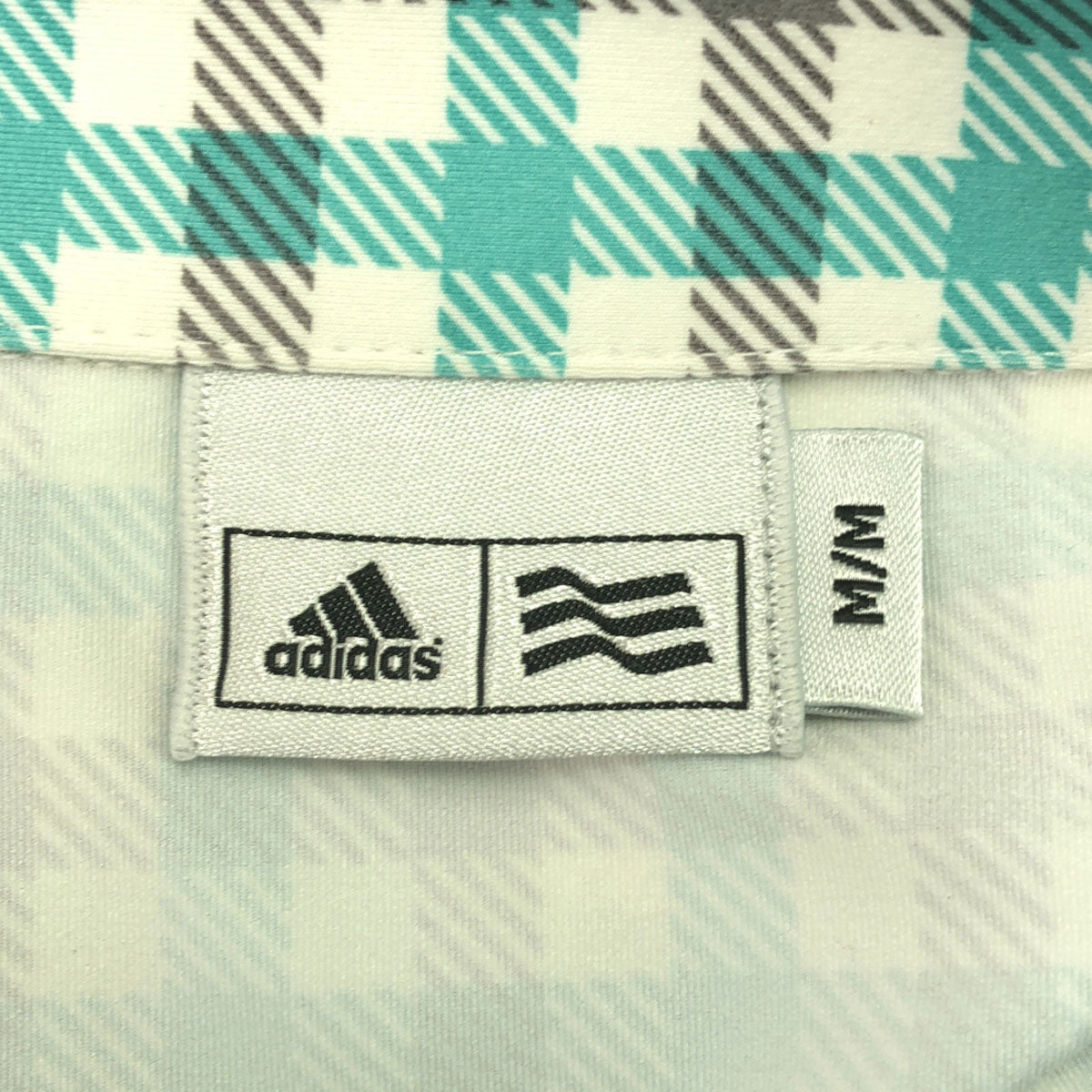 adidas アディダス ギンガムチェック ロゴプリント ゴルフ 長袖 ポロシャツ M グリーン系 ストレッチ入り メンズ