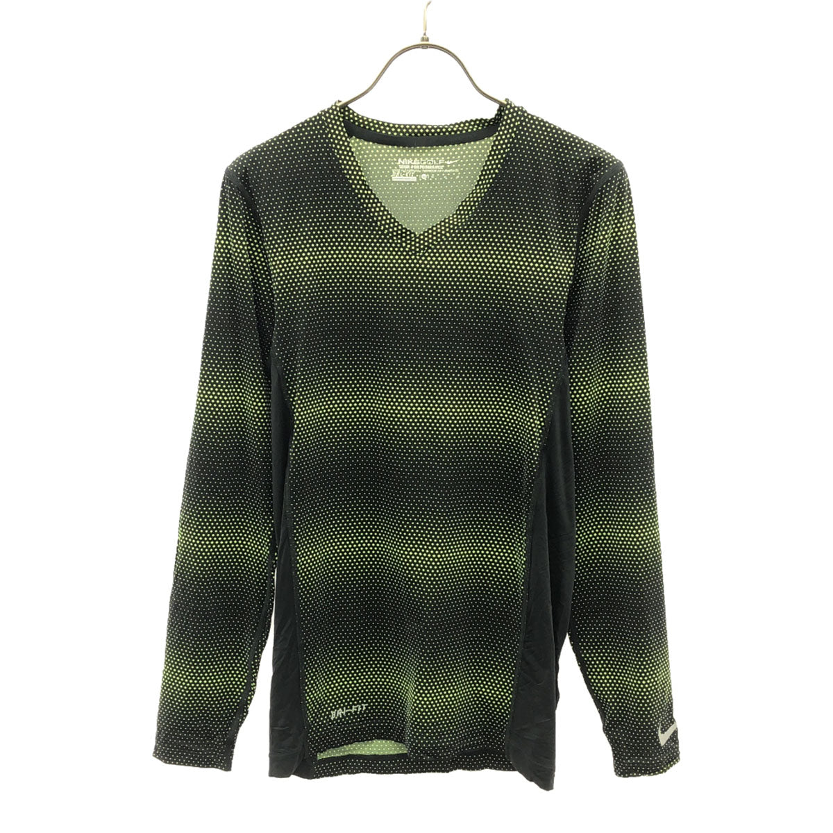 NIKE ナイキ ロゴプリント ダイヤ柄 ゴルフ 長袖 DRI-FIT UV クールタッチベースレイヤー Vネック シャツ M ブラック×ライトグリーン トレーニング メンズ
