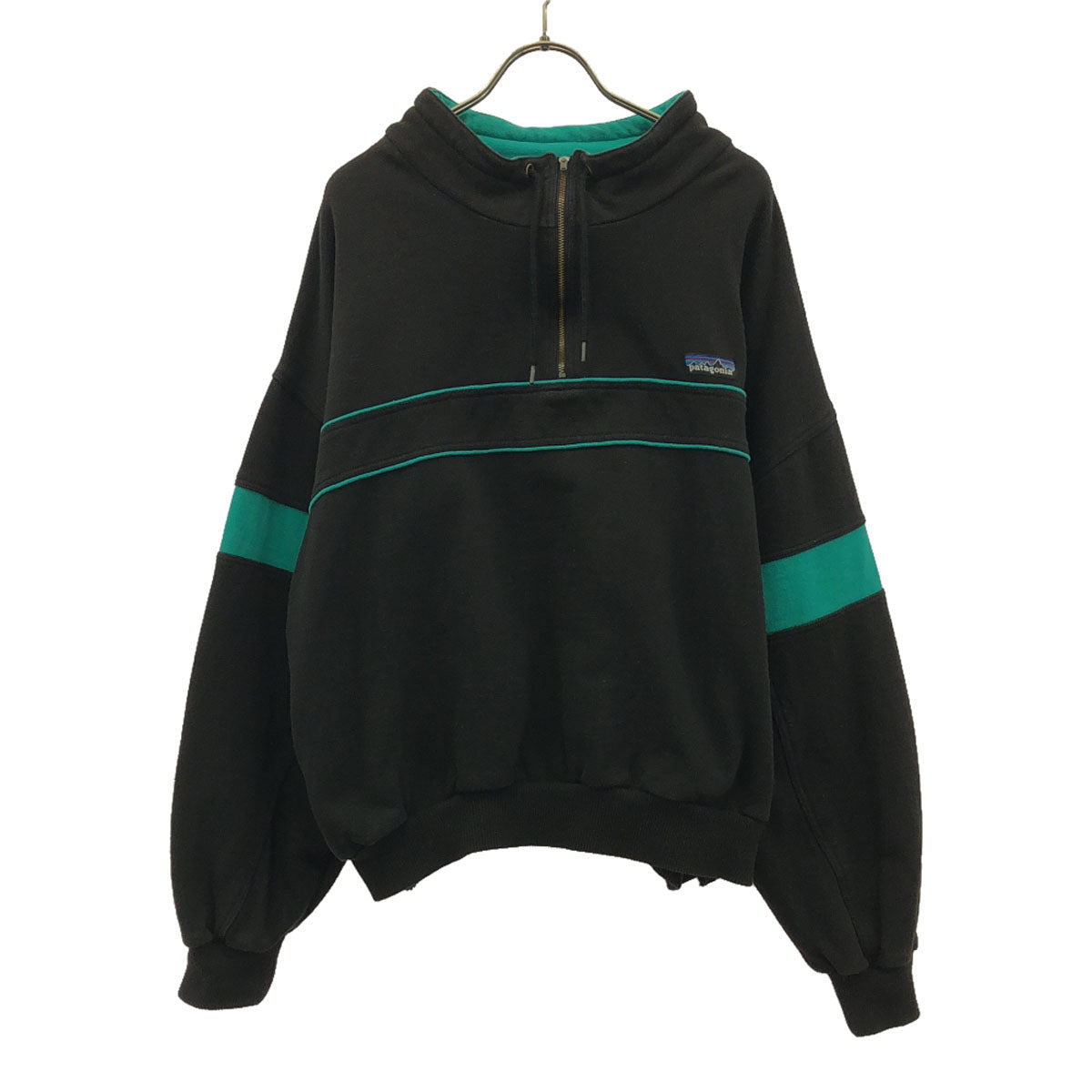 patagonia パタゴニア ブランドロゴ 長袖 ハーフジップ スウェット L ブラック×グリーン アウトドア 281035F7 メンズ