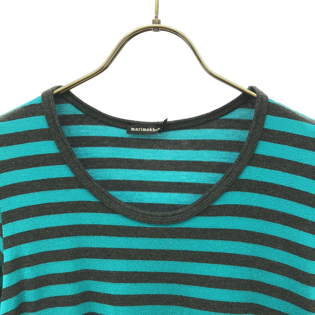 marimekko マリメッコ ボーダー柄 7分袖 ワンピース XS グリーン系×ブラック レディース