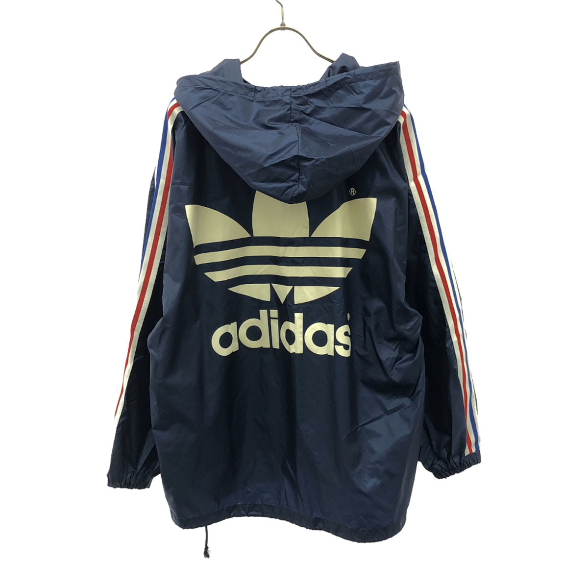 adidas アディダス 80s デサント製 ASR-8181A ヴィンテージ トレフォイルロゴ プリント 長袖 ナイロン パーカー M-L ネイビー バックプリント メンズ