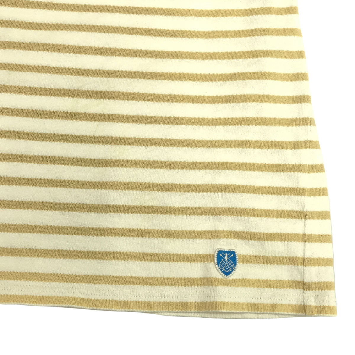 ORCIVAL オーシバル フランス製 ボーダー ロゴワッペン 長袖 ボートネック バスクシャツ 3 ベージュ×ホワイト ロンT カットソー メンズ