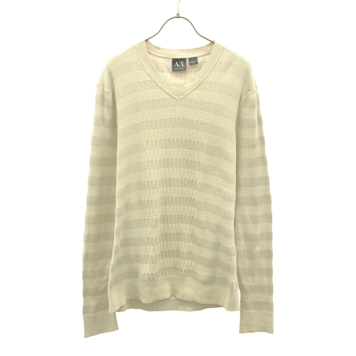 ARMANI EXCHANGE アルマーニ エクスチェンジ ボーダー柄 長袖 Vネック セーター M ベージュ系×グレー系 ニット レディース