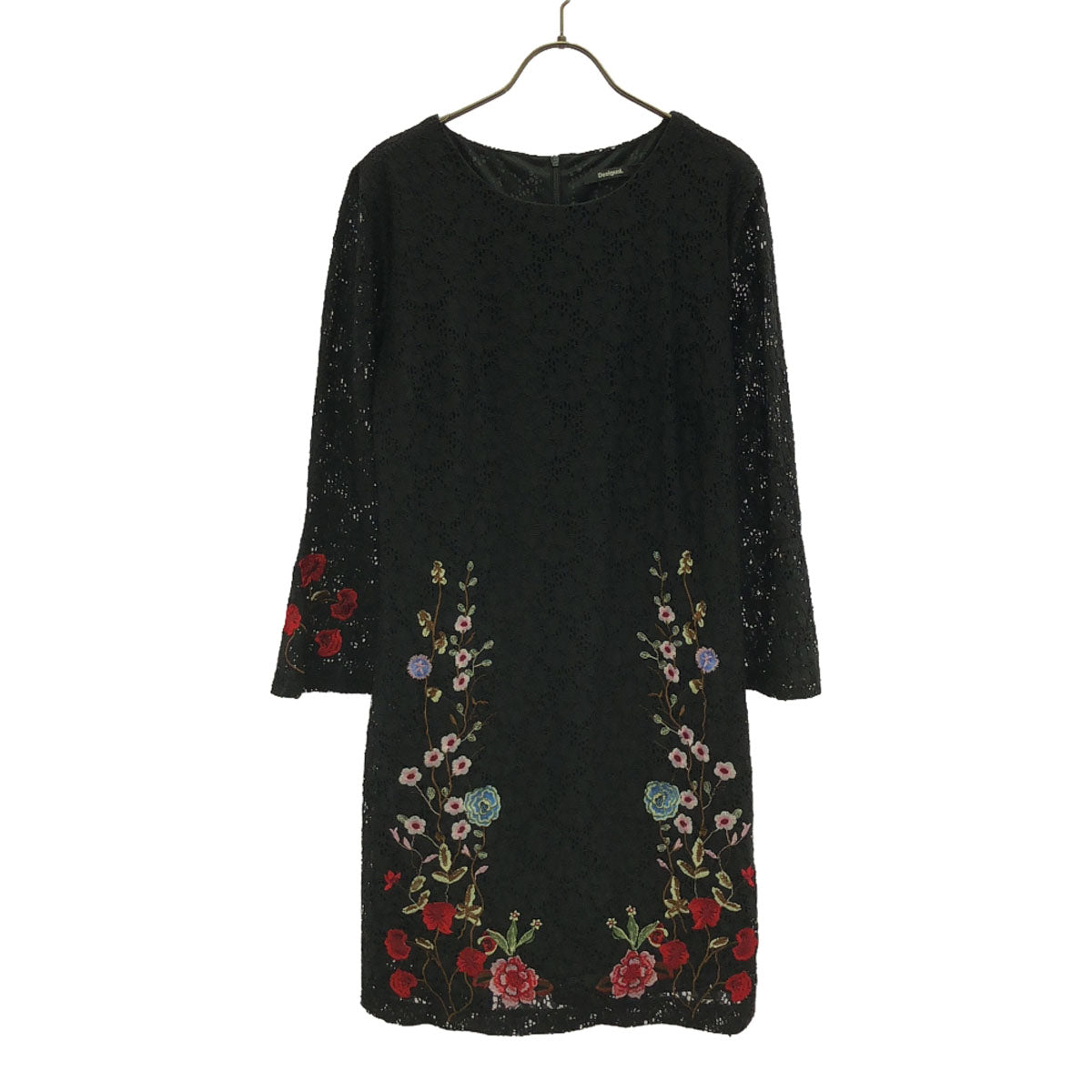 Desigual デシグアル 刺繍 花柄 長袖 レース ワンピース 40 ブラック レディース