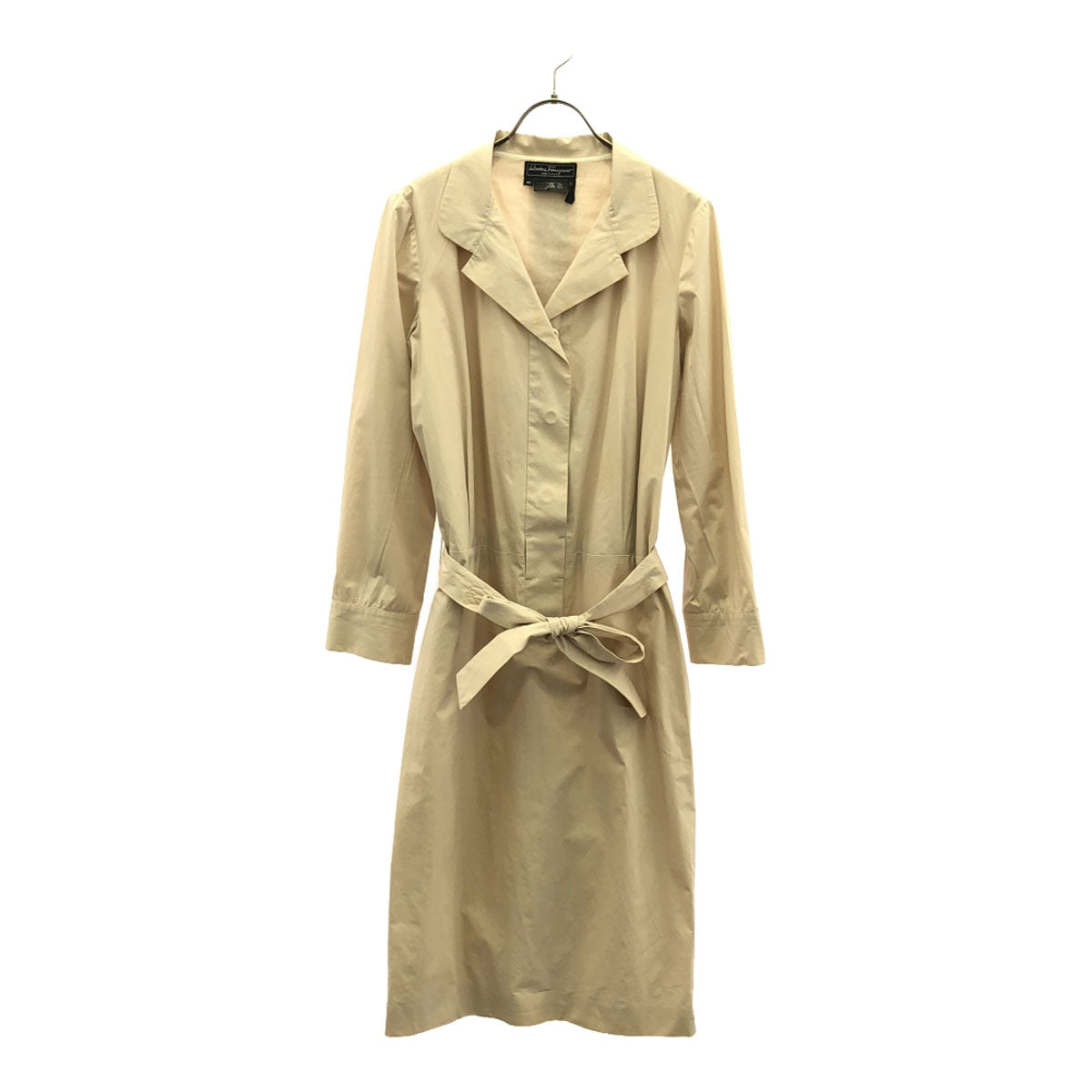 Salvatore Ferragamo サルヴァトーレフェラガモ 90s イタリア製 オールド 長袖 ワンピース 42 ベージュ ベルト付き レディース