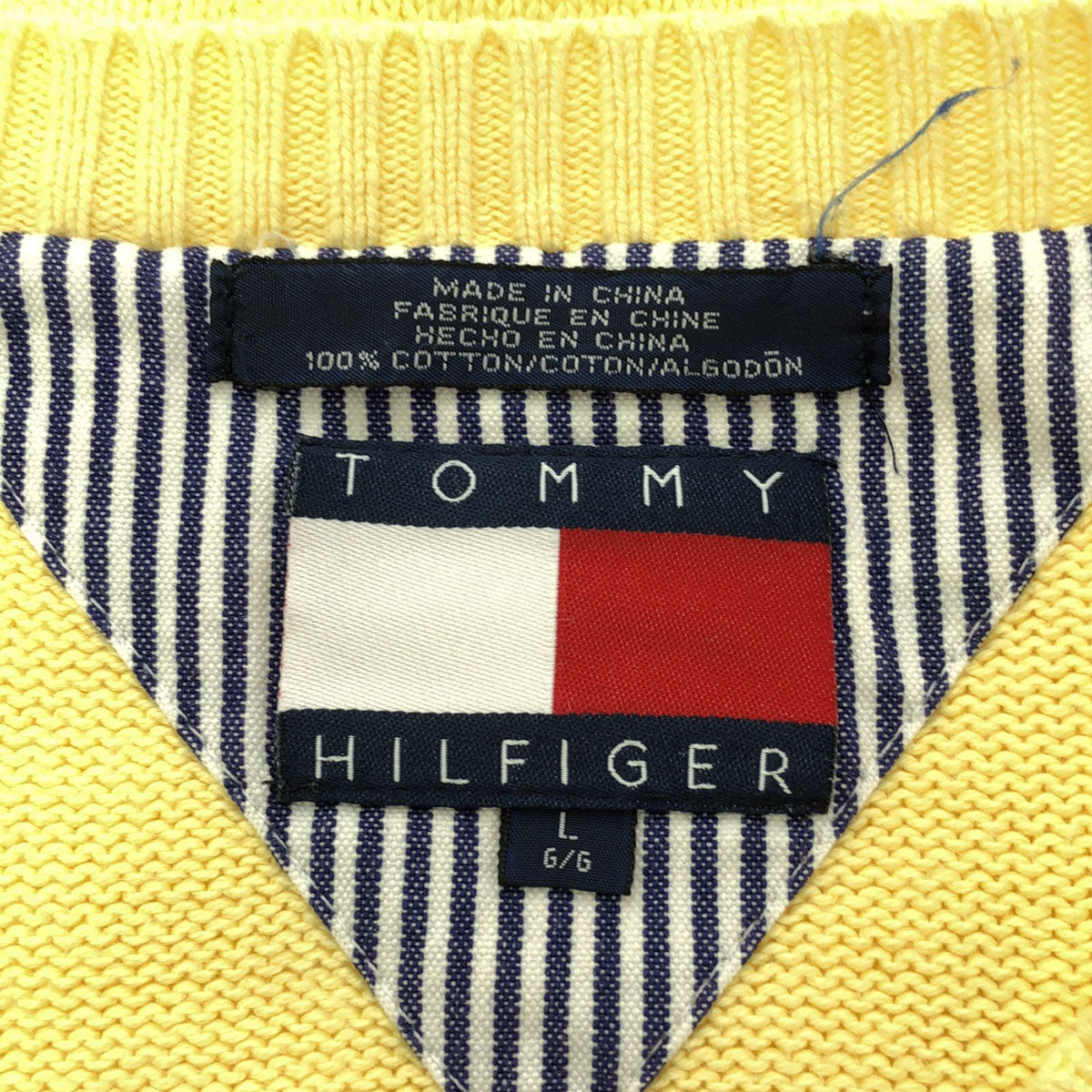 TOMMY HILFIGER トミーヒルフィガー 90s オールド フラッグタグ ロゴ刺繍 長袖 Vネック コットン ニット L イエロー セーター メンズ