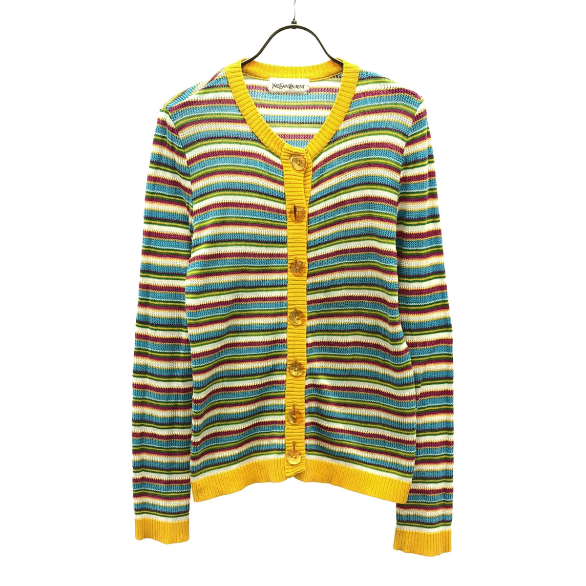 YVES SAINT LAURENT イヴサンローラン 90s オールド ボーダー柄 長袖 コットンニット カーディガン M イエロー系 レディース