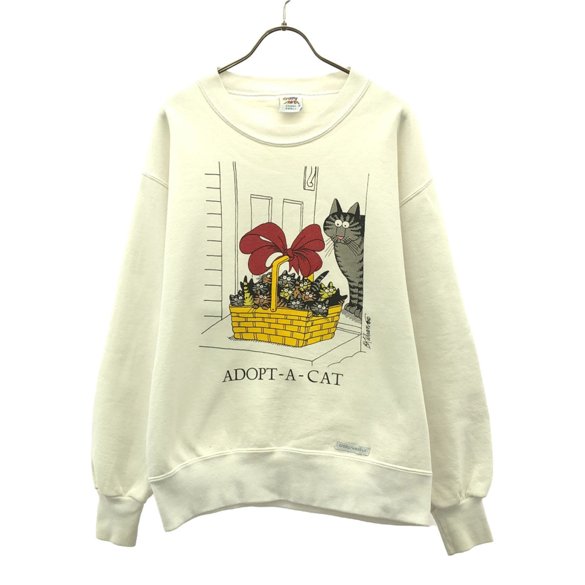 Crazy Shirt クレイジーシャツ 90s USA製 オールド プリント柄 長袖 スウェット S ホワイト トレーナー クリバンキャット バックプリント メンズ