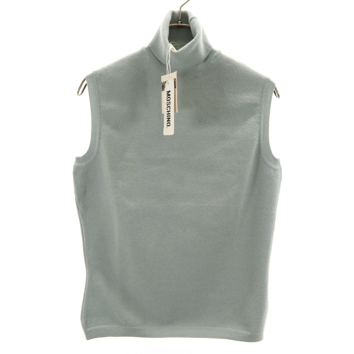 未使用 MOSCHINO モスキーノ イタリア製 ウールブレンド ノースリーブ タートルネック ニット 46 ライトブルー セーター レディース