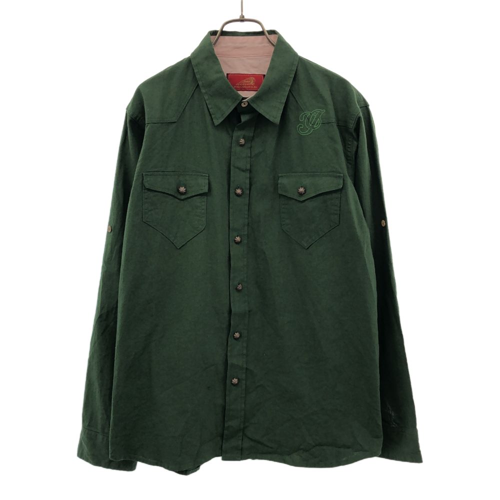 Indian インディアン リネンブレンド 長袖 ウエスタンシャツ L カーキ メンズ