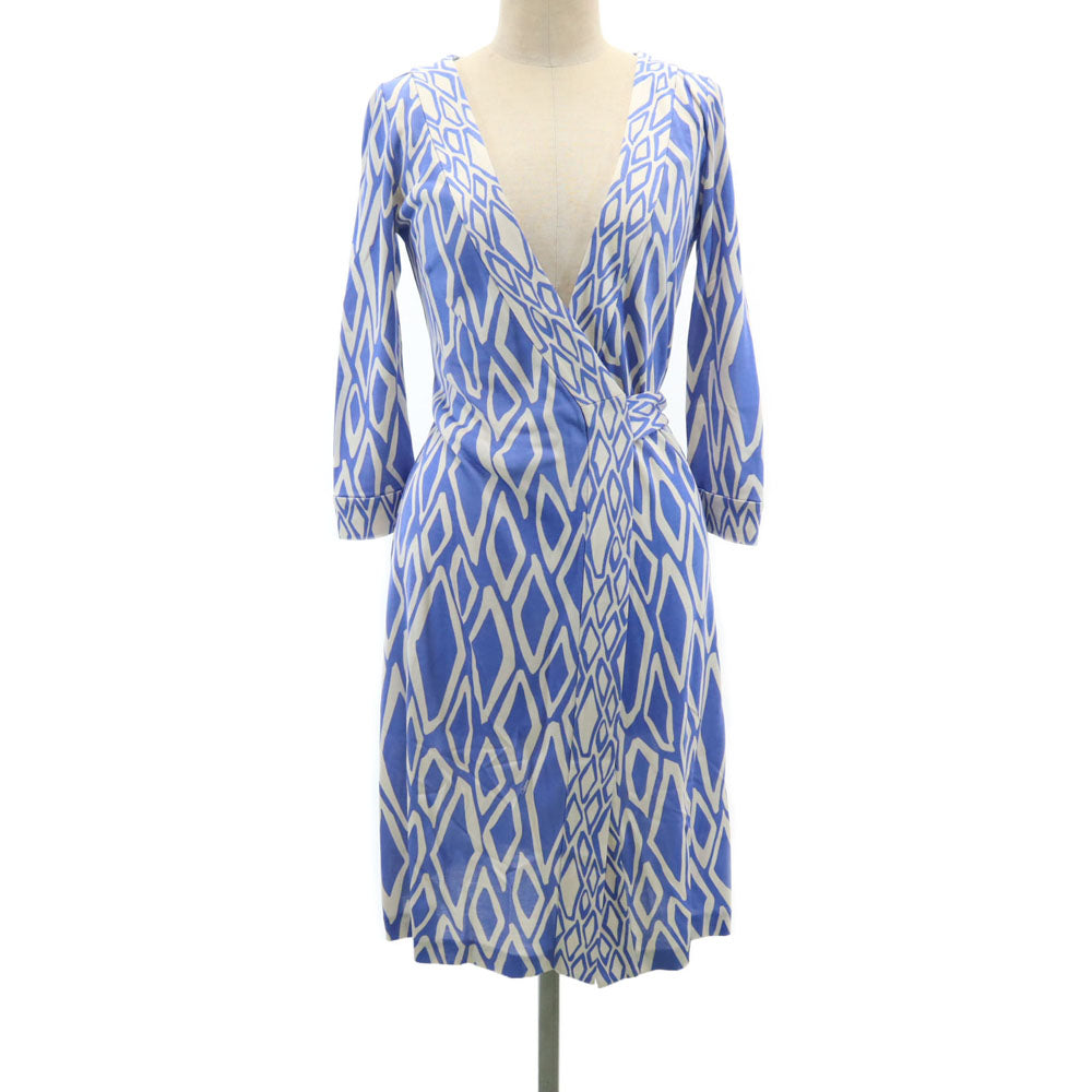 ダイアン フォン ファステンバーグ シルク 総柄 7分袖 膝丈ワンピース ブルー×ホワイト DIANE von FURSTENBERG レディース