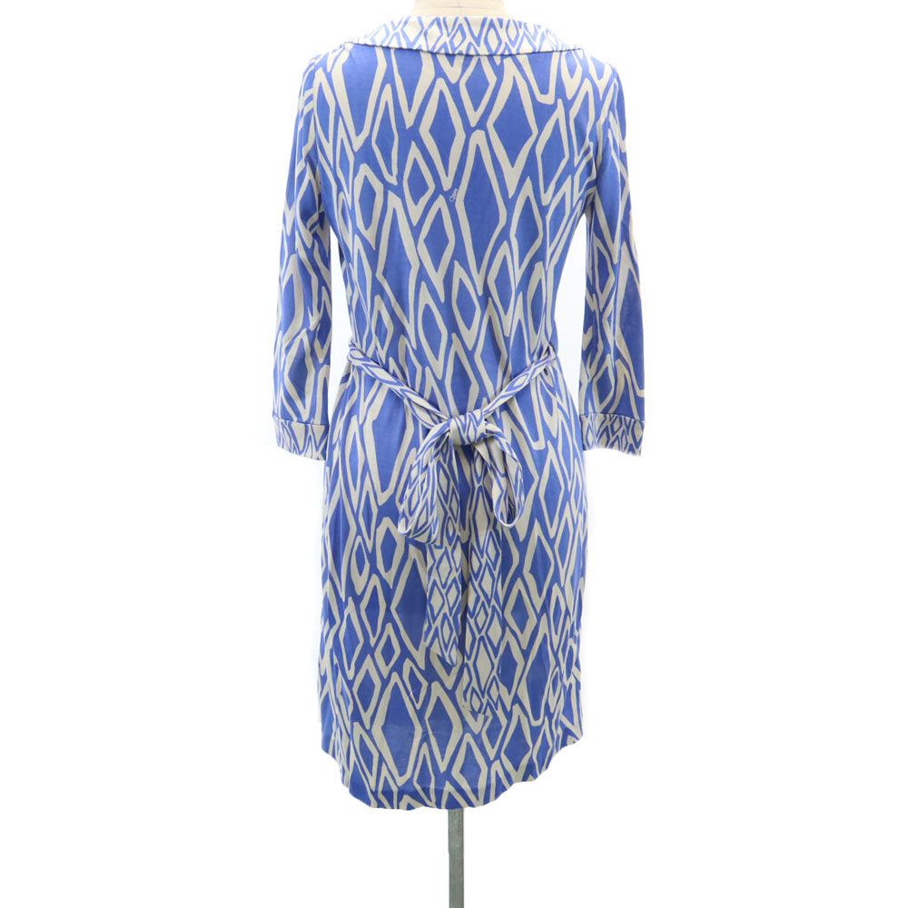 ダイアン フォン ファステンバーグ シルク 総柄 7分袖 膝丈ワンピース ブルー×ホワイト DIANE von FURSTENBERG レディース