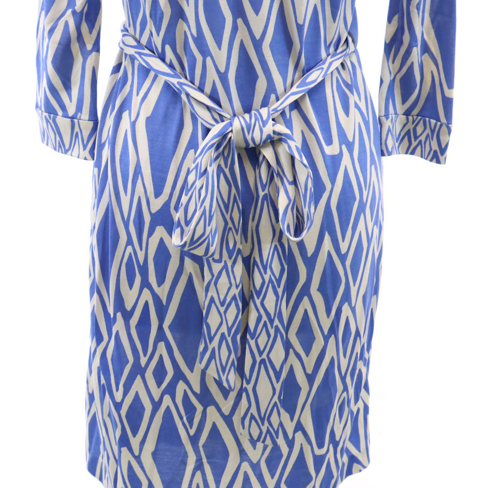 ダイアン フォン ファステンバーグ シルク 総柄 7分袖 膝丈ワンピース ブルー×ホワイト DIANE von FURSTENBERG レディース