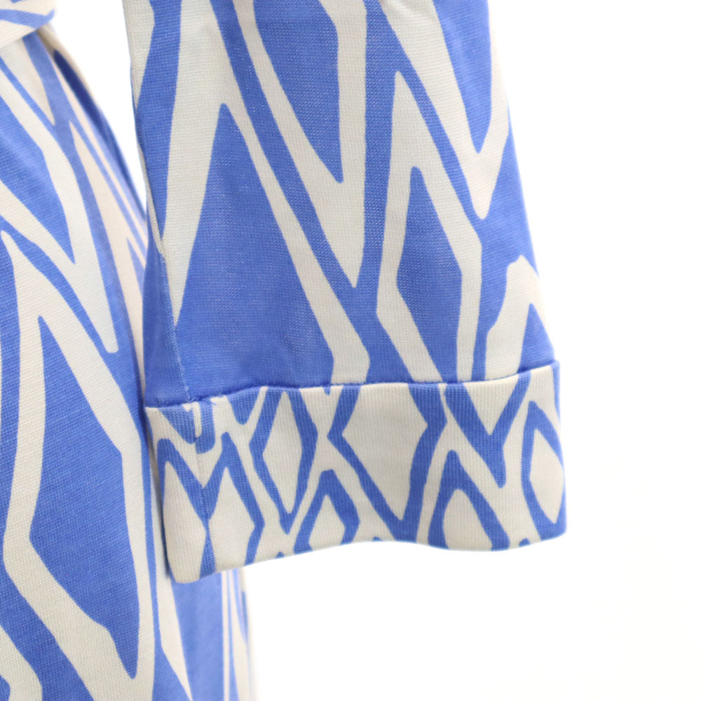 ダイアン フォン ファステンバーグ シルク 総柄 7分袖 膝丈ワンピース ブルー×ホワイト DIANE von FURSTENBERG レディース