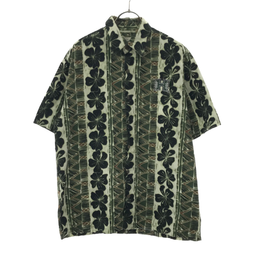 ヒロハッティ 90s ハワイ製 総柄 半袖 アロハシャツ S ホワイト×グリーン Hilo Hattie オールド ヴィンテージ メンズ