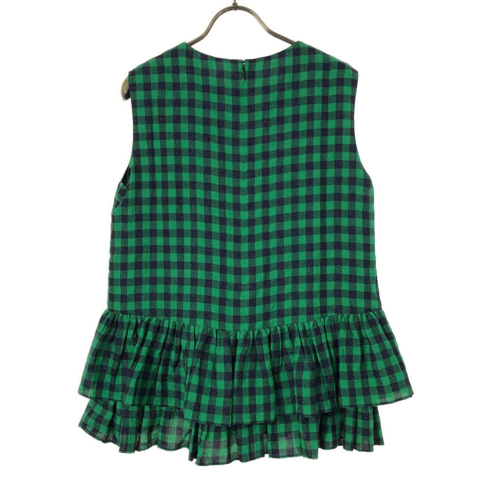 未使用 GRACE CLASS グレースクラス リネンブレンド チェック ノースリーブ カットソー 38 グリーン×ブルー フリル レディース