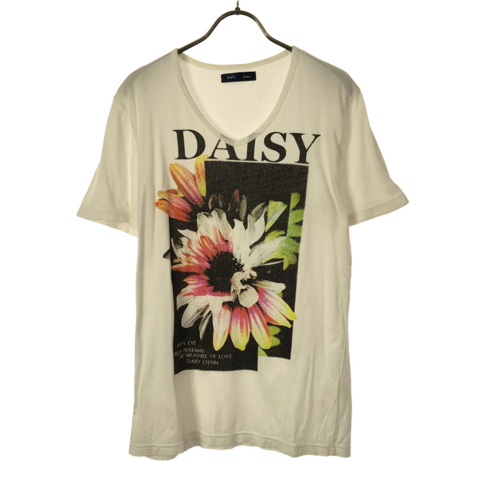 シップス 花 プリント 半袖 Vネック Tシャツ M ホワイト SHIPS レディース