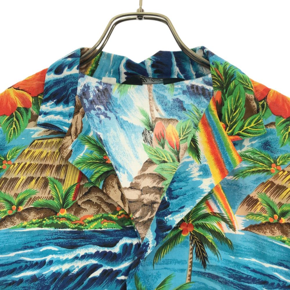 Hutspah USA製 花柄 ヤシの木 波 半袖 アロハシャツ L ブルー系 Hutspah メンズ