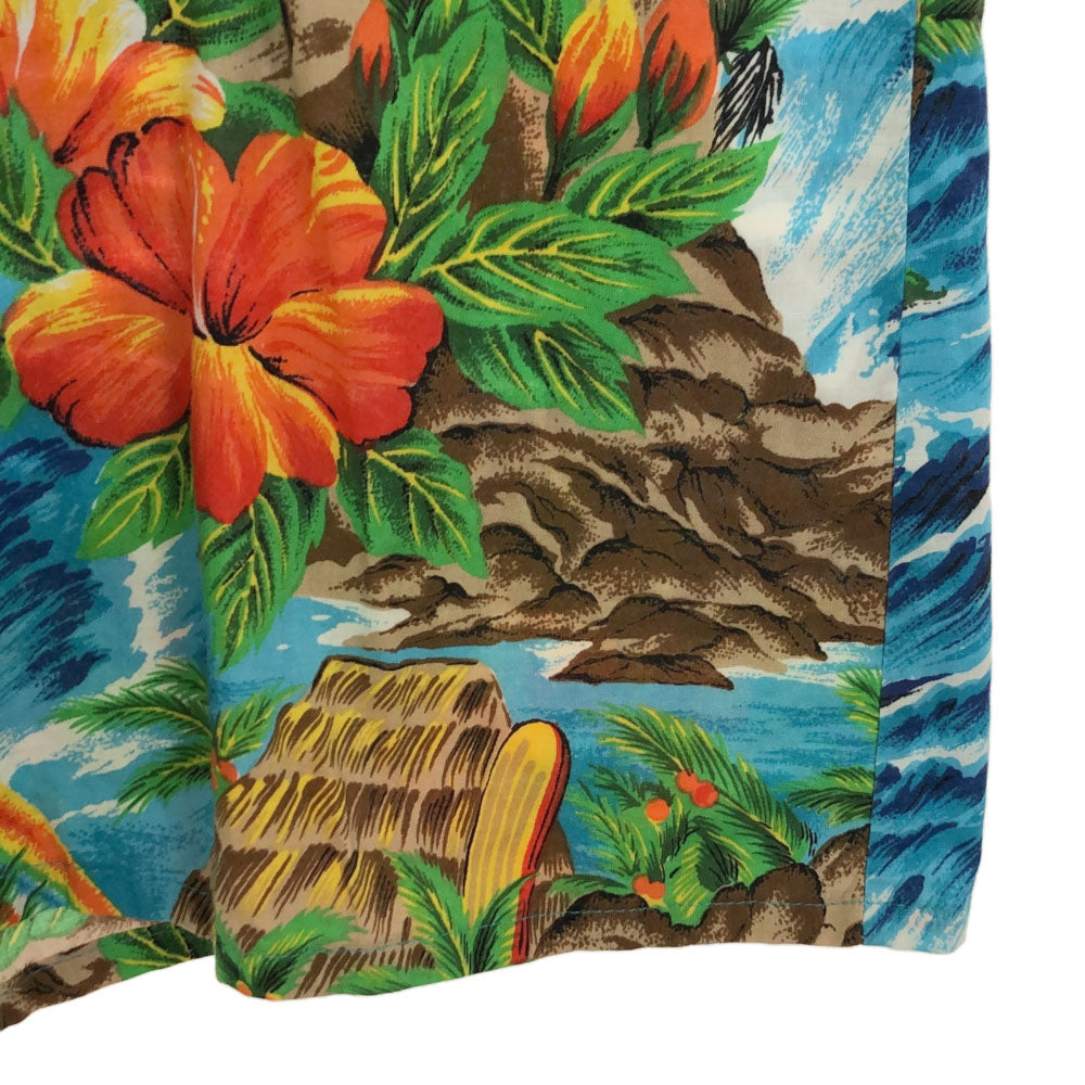 Hutspah USA製 花柄 ヤシの木 波 半袖 アロハシャツ L ブルー系 Hutspah メンズ