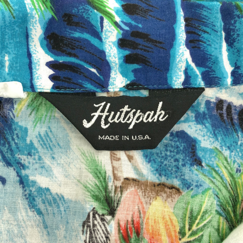 Hutspah USA製 花柄 ヤシの木 波 半袖 アロハシャツ L ブルー系 Hutspah メンズ