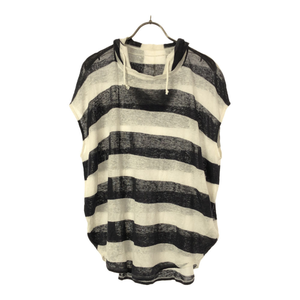 β ベータ リネン ボーダー ノースリーブ カットソー 40 ブラック×ホワイト フード レディース