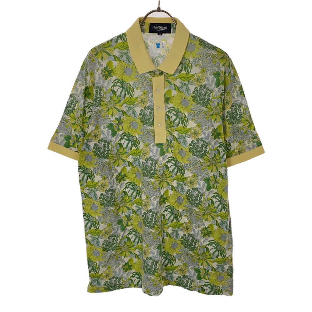 ポールスチュアート 日本製 三陽商会 総柄 半袖 ポロシャツ LL ホワイト×グリーン PAUL STUART メンズ