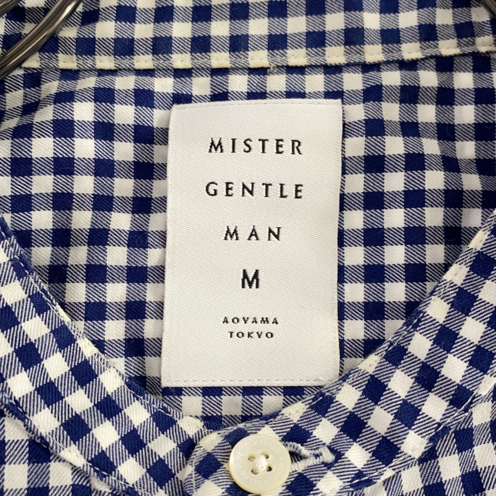 Mr.GENTLEMAN ミスタージェントルマン 日本製 チェック柄 半袖 バンドカラーシャツ M ネイビー×ホワイト メンズ