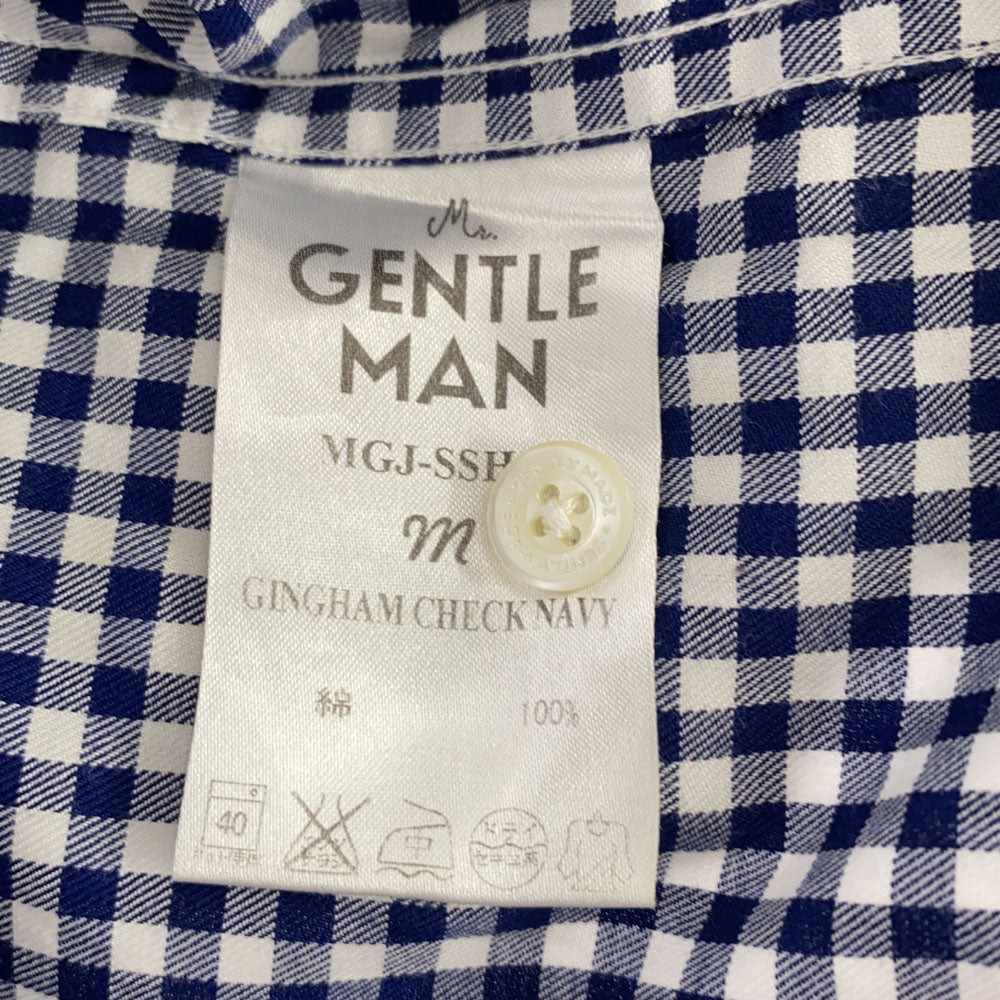 Mr.GENTLEMAN ミスタージェントルマン 日本製 チェック柄 半袖 バンドカラーシャツ M ネイビー×ホワイト メンズ