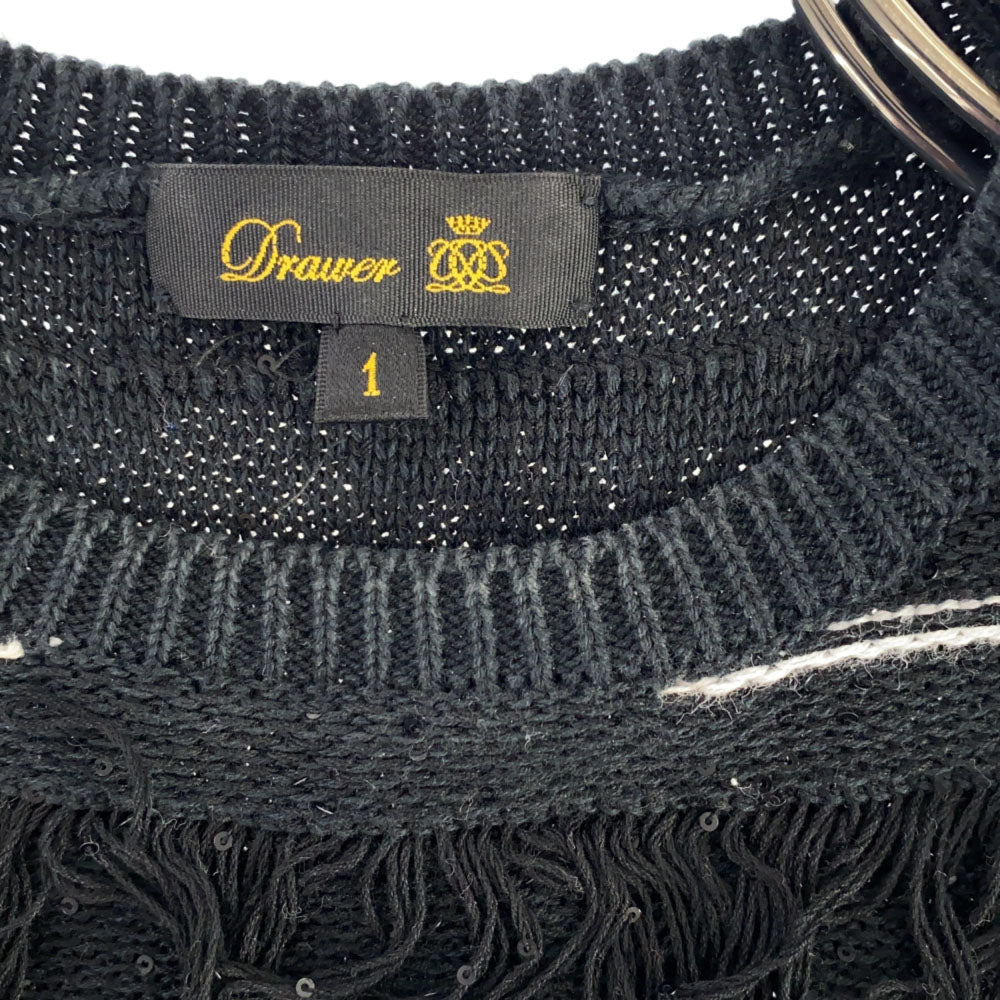 Drawer ドゥロワー ボーダー 半袖 フリンジ ニット 1 ブラック カットソー レディース