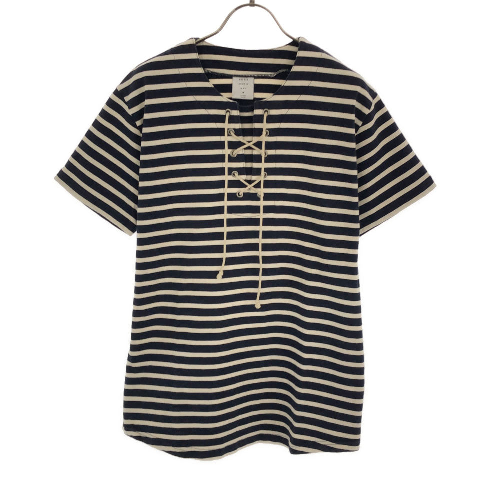 ミスタージェントルマン 日本製 ボーダー 半袖 カットソー M ネイビー×アイボリー Mr.GENTLEMAN レースアップ メンズ