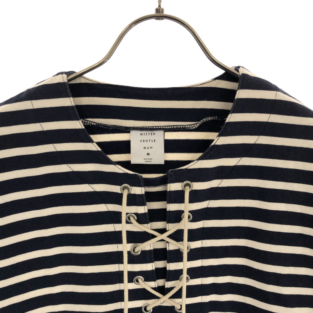ミスタージェントルマン 日本製 ボーダー 半袖 カットソー M ネイビー×アイボリー Mr.GENTLEMAN レースアップ メンズ