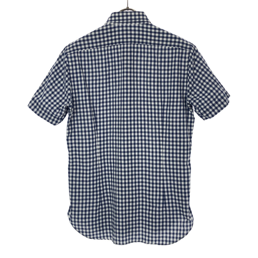 ビームス エフ 日本製 リネンブレンド ギンガムチェック 半袖 コットンシャツ M ホワイト×ブルー BEAMS F SLIM FIT メンズ
