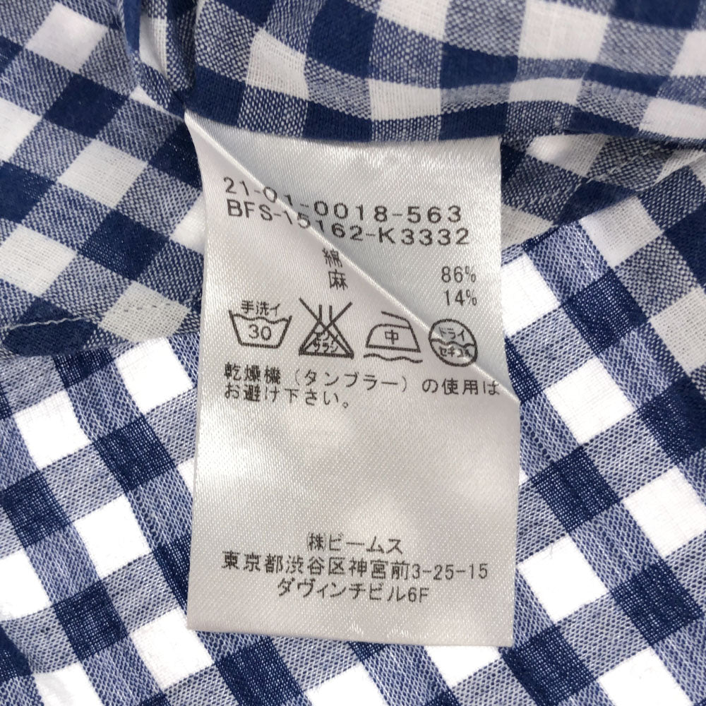 ビームス エフ 日本製 リネンブレンド ギンガムチェック 半袖 コットンシャツ M ホワイト×ブルー BEAMS F SLIM FIT メンズ