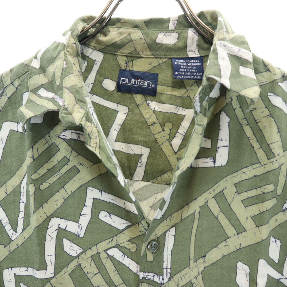 ピューリタン 90s レーヨン 総柄 半袖 シャツ M カーキ オールド ヴィンテージ メンズ