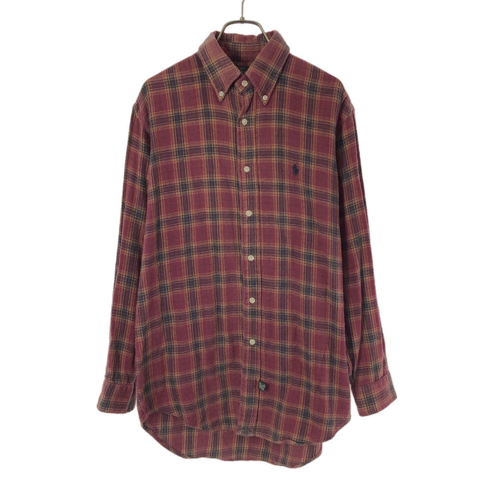 POLO COUNTRY RALPH LAUREN ポロカントリー ラルフローレン 90s チェック柄 ロゴ刺繍 長袖 ボタンダウンシャツ S レッド系 オールド ヴィンテージ メンズ