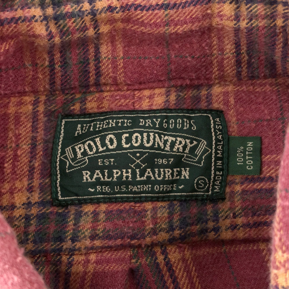 POLO COUNTRY RALPH LAUREN ポロカントリー ラルフローレン 90s チェック柄 ロゴ刺繍 長袖 ボタンダウンシャツ S レッド系 オールド ヴィンテージ メンズ