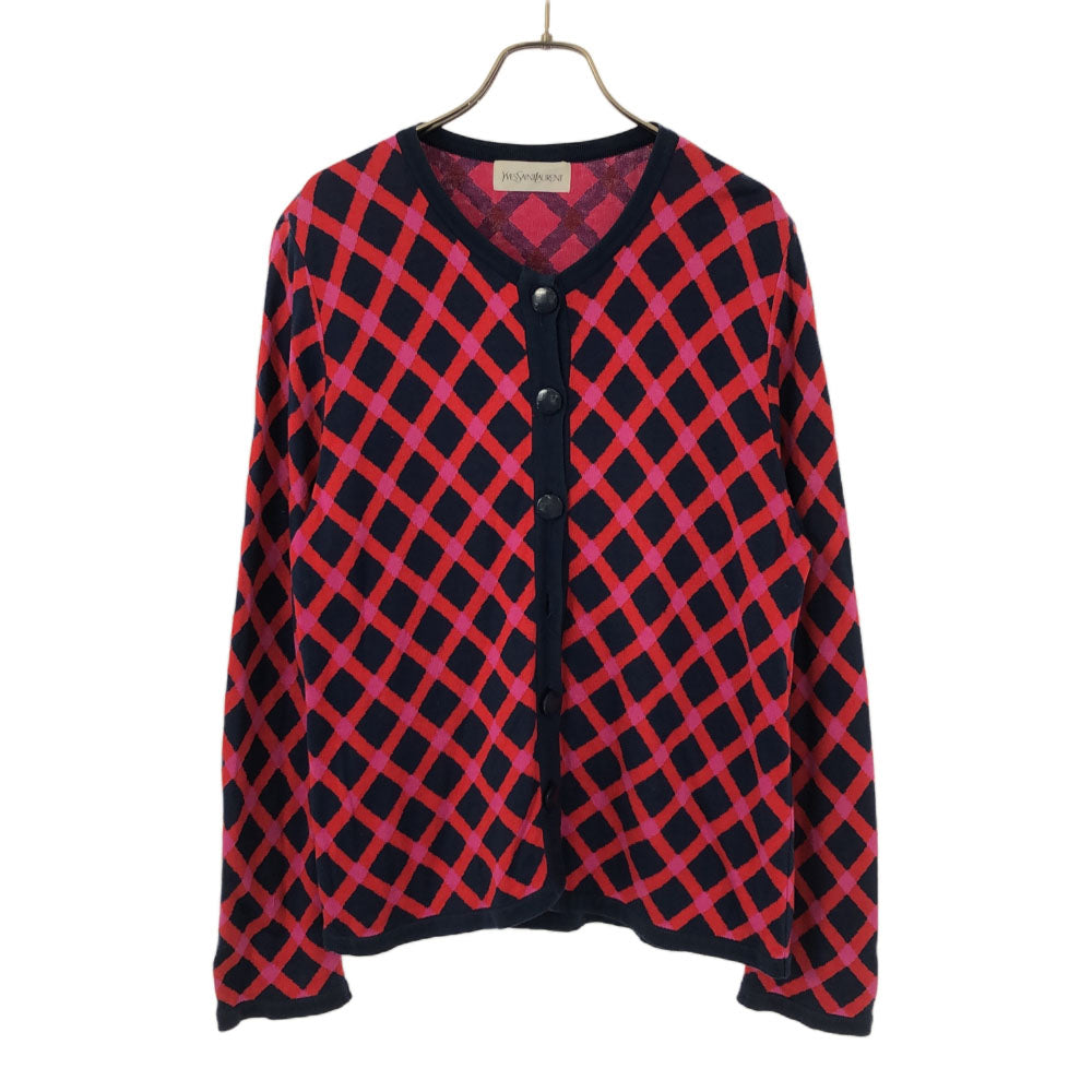 YVES SAINT LAURENT イヴサンローラン 90s 総柄 長袖 ニットカーディガン M ネイビー×レッド オールド ヴィンテージ レディース