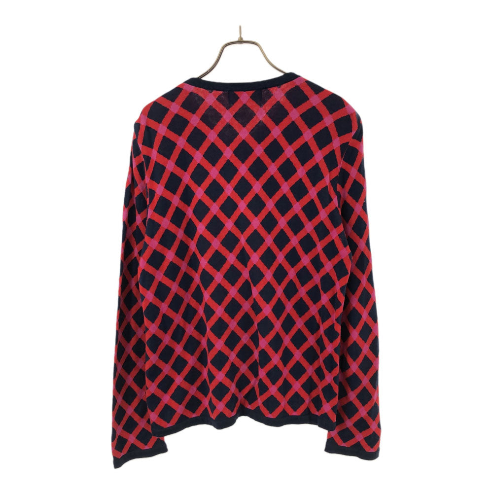 YVES SAINT LAURENT イヴサンローラン 90s 総柄 長袖 ニットカーディガン M ネイビー×レッド オールド ヴィンテージ レディース