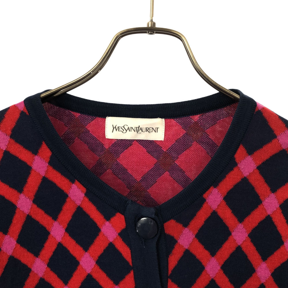 YVES SAINT LAURENT イヴサンローラン 90s 総柄 長袖 ニットカーディガン M ネイビー×レッド オールド ヴィンテージ レディース