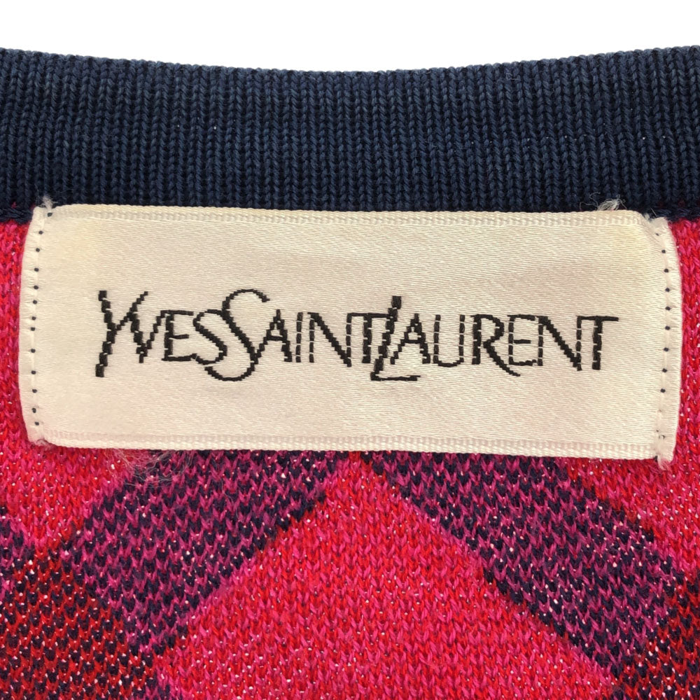YVES SAINT LAURENT イヴサンローラン 90s 総柄 長袖 ニットカーディガン M ネイビー×レッド オールド ヴィンテージ レディース
