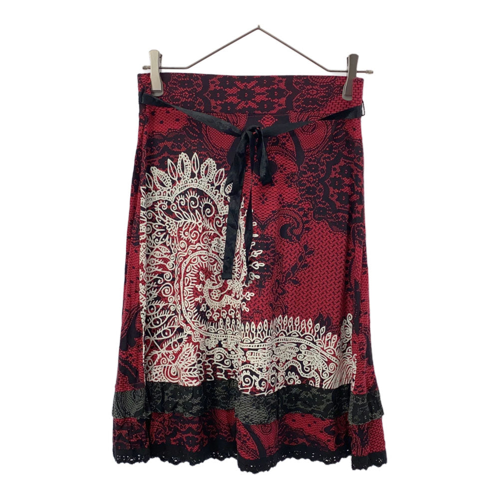 デシグアル 総柄 ミディ丈 ウエストリボン スカート S レッド系 Desigual レース レディース