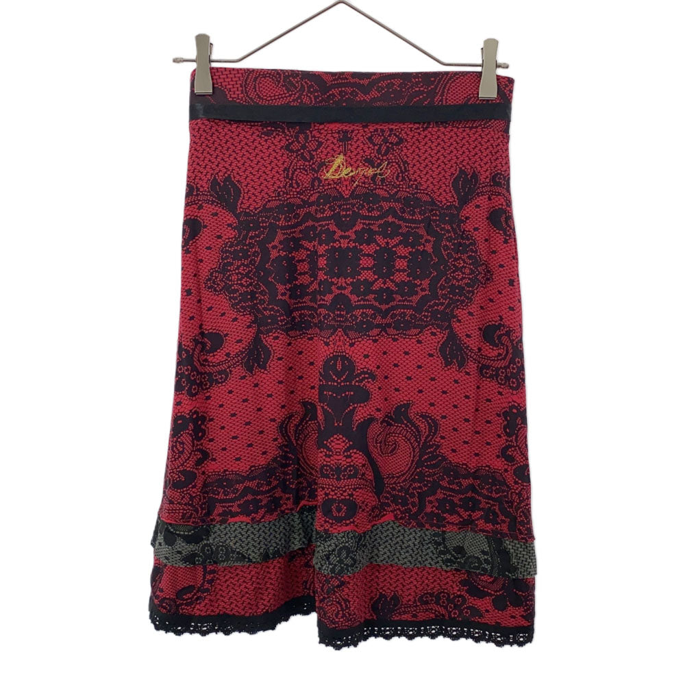 デシグアル 総柄 ミディ丈 ウエストリボン スカート S レッド系 Desigual レース レディース