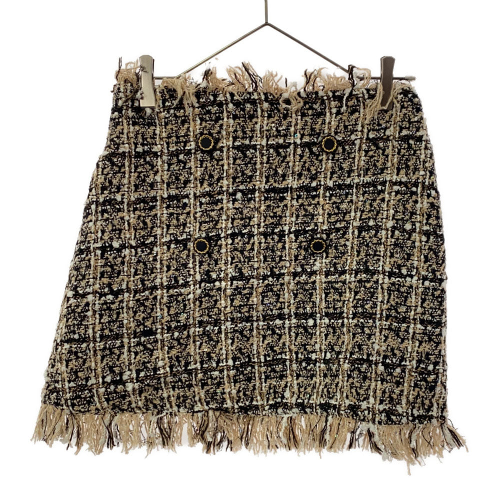 未使用 epine エピヌ チェック ツイード ミニスカート M ベージュ×ブラック フリンジ タグ付き レディース