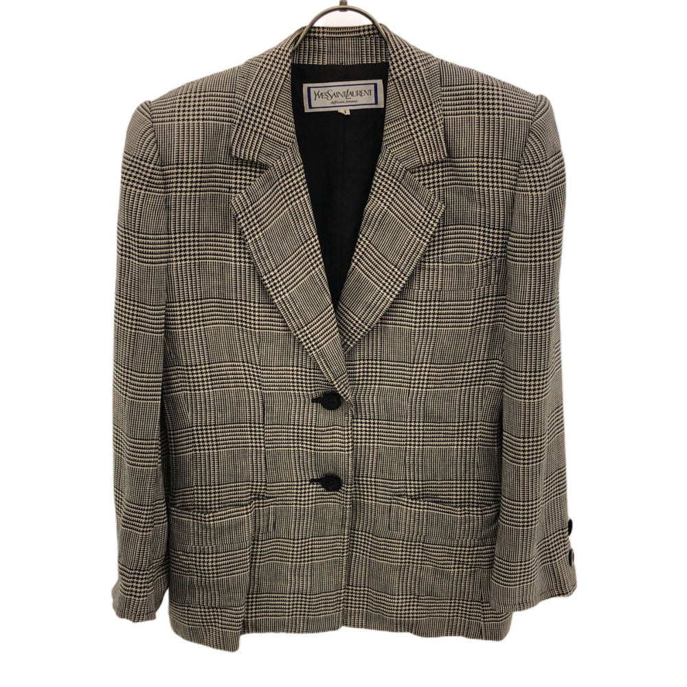 YVES SAINT LAURENT イヴサンローラン 90s シルクブレンド 千鳥格子 テーラードジャケット M ブラック×ベージュ オールド レディース
