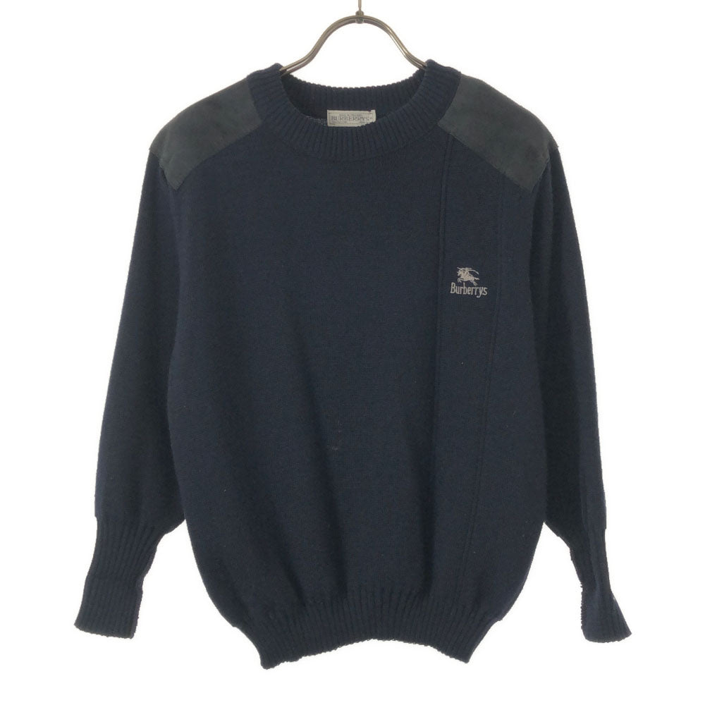 Burberrys バーバリーズ 80s 90s 英国製 ウールブレンド 長袖 コンバットニット セーター 134/140 ネイビー ニット エルボーパッチ オールド キッズ