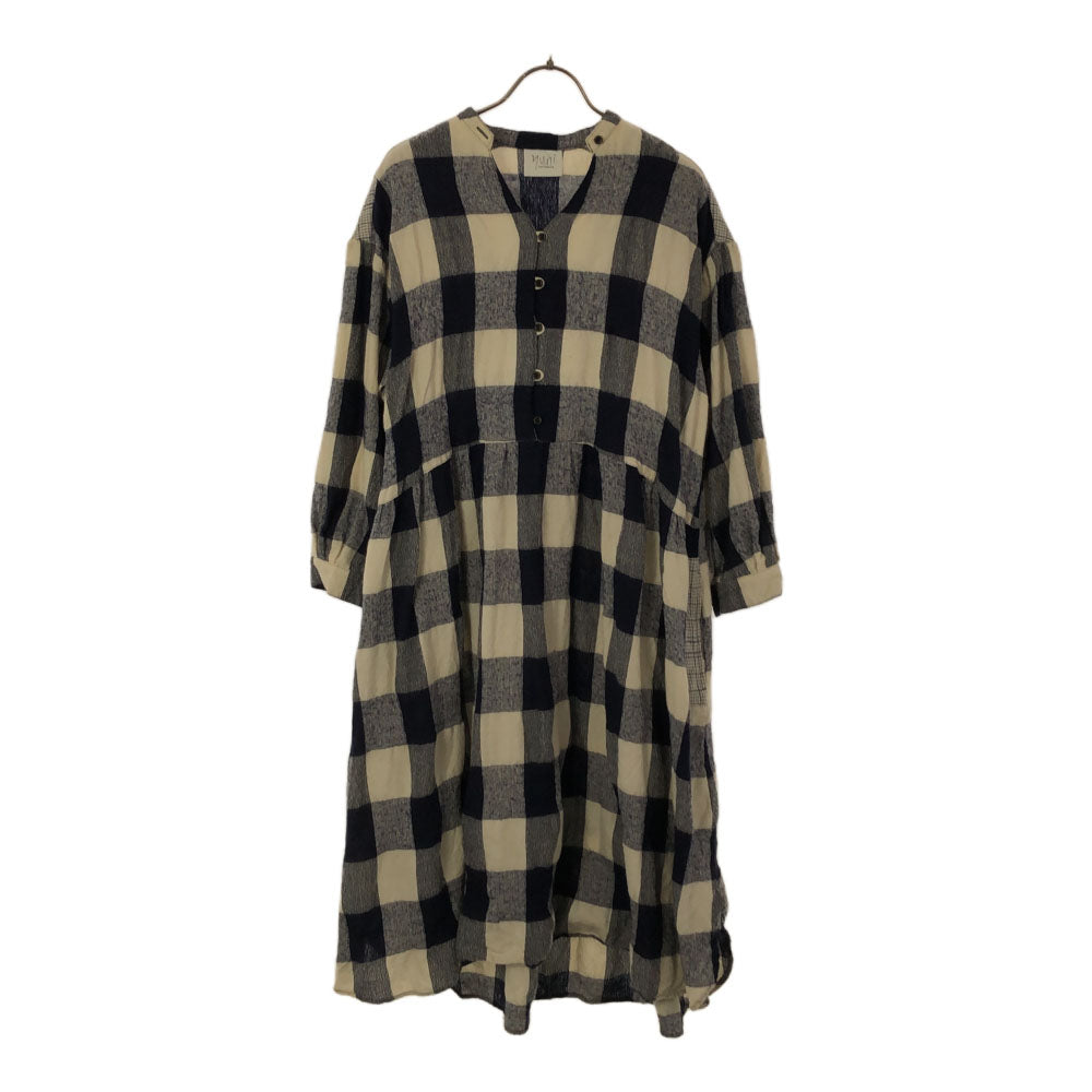 yuni ユニ 日本製 チェック柄 長袖 ロングワンピース F ホワイト×ネイビー リネンブレンド レディース