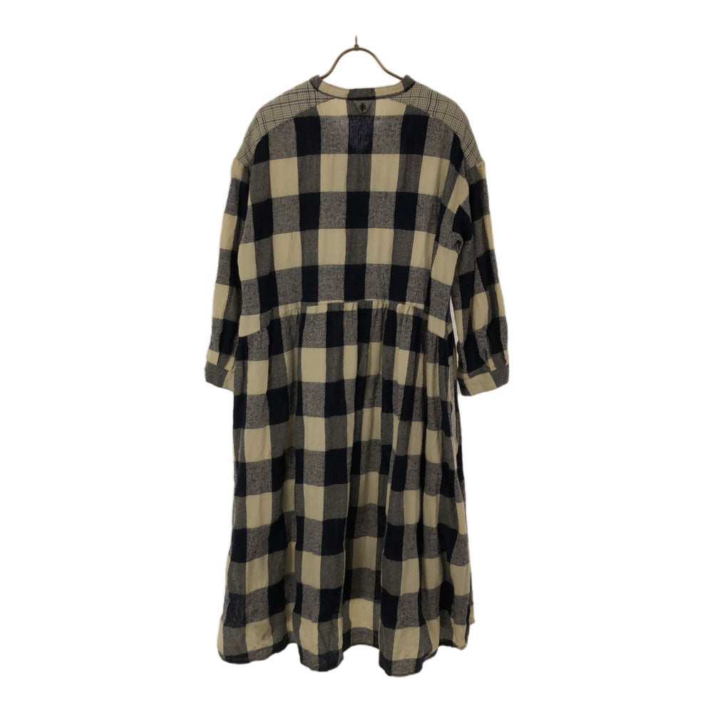 yuni ユニ 日本製 チェック柄 長袖 ロングワンピース F ホワイト×ネイビー リネンブレンド レディース